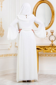Tesettürlü Abiye Elbiseler - Fırfır Detaylı Ekru Tesettür Abiye Elbise 37820E - Thumbnail