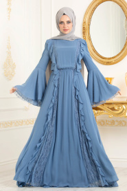 Tesettürlü Abiye Elbiseler - Fırfır Detaylı Mavi Tesettür Abiye Elbise 37820M - Thumbnail