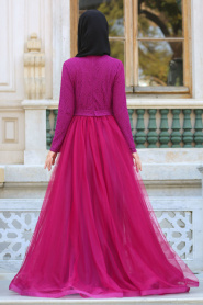 Tesettürlü Abiye Elbiseler - Fiyon Kemerli Dantel Detaylı Fuşya Tesettür Abiye Elbise 2299F - Thumbnail