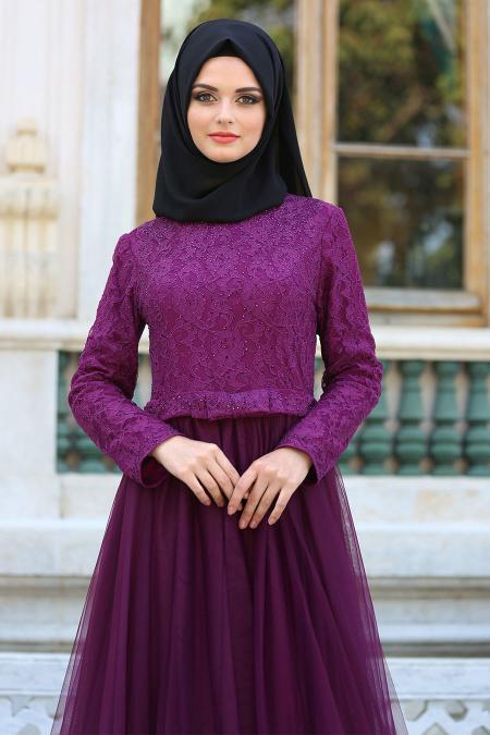 Tesettürlü Abiye Elbiseler - Fiyon Kemerli Dantel Detaylı Mürdüm Tesettür Abiye Elbise 2299MU - 2
