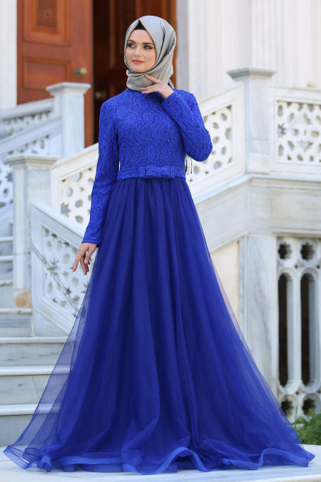 Tesettürlü Abiye Elbiseler - Fiyon Kemerli Dantel Detaylı Sax Mavisi Tesettür Abiye Elbise 2299SX