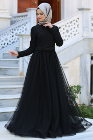 Tesettürlü Abiye Elbiseler - Fiyon Kemerli Dantel Detaylı Siyah Tesettür Abiye Elbise 2299S - Thumbnail