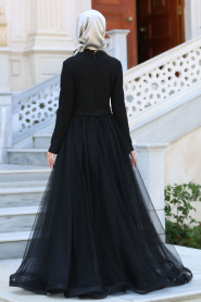 Tesettürlü Abiye Elbiseler - Fiyon Kemerli Dantel Detaylı Siyah Tesettür Abiye Elbise 2299S - Thumbnail