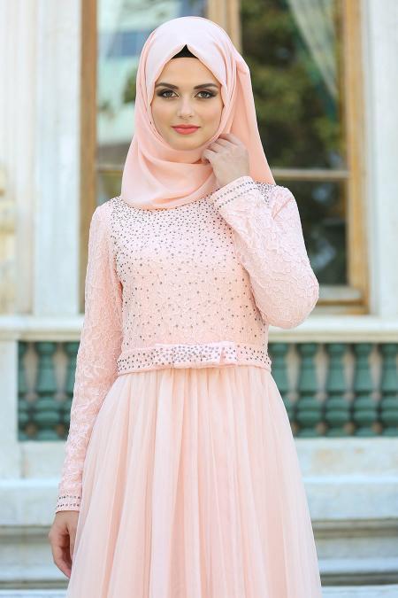 Tesettürlü Abiye Elbiseler - Fiyon Kemerli Dantel Detaylı Somon Tesettür Abiye Elbise 2299SMN - 2