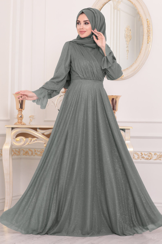 Tesettürlü Abiye Elbiseler - Füme Tesettür Abiye Elbise 22202FU - 1