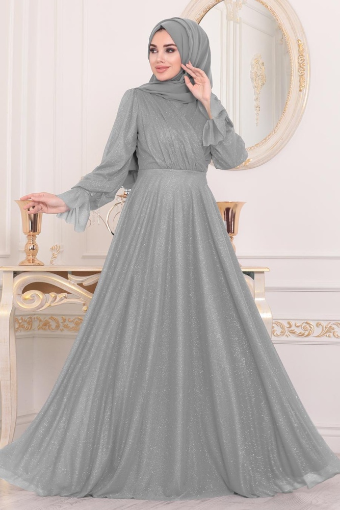 Tesettürlü Abiye Elbiseler - Gri Tesettür Abiye Elbise 22202GR - 1