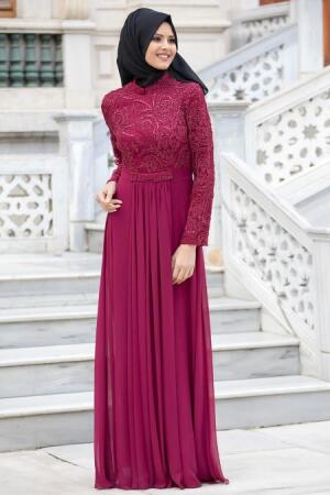 Tesettürlü Abiye Elbiseler - Hakim Yaka Mürdüm Abiye Elbise - 1