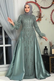 Tesettürlü Abiye Elbiseler - İnci İşlemeli Çağla Yeşili Tesettür Abiye Elbise 7520CY - Thumbnail