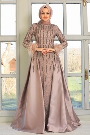 Tesettürlü Abiye Elbiseler - İnci İşlemeli Vizon Tesettür Abiye Elbise 7520V - Thumbnail