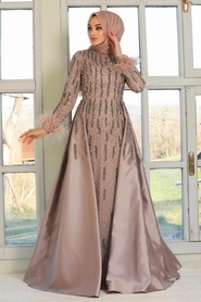Tesettürlü Abiye Elbiseler - İnci İşlemeli Vizon Tesettür Abiye Elbise 7520V - Thumbnail