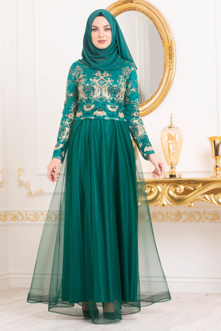 Tesettürlü Abiye Elbiseler - İşleme Detaylı Çağla Yeşili Tesettür Abiye Elbise 31750CY