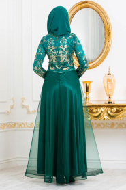 Tesettürlü Abiye Elbiseler - İşleme Detaylı Çağla Yeşili Tesettür Abiye Elbise 31750CY - Thumbnail