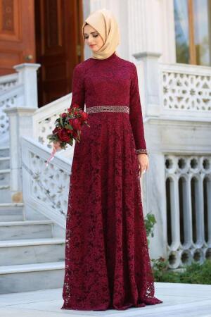 Tesettürlü Abiye Elbiseler - Kemeri Taşlı Dantelli Bordo Tesettür Elbise 2288BR - 1