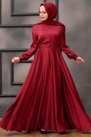 Tesettürlü Abiye Elbiseler - Kemerli Bordo Tesettür Abiye Elbise 28890BR - Thumbnail