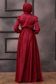Tesettürlü Abiye Elbiseler - Kemerli Bordo Tesettür Abiye Elbise 28890BR - Thumbnail