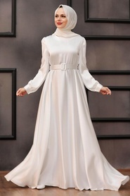 Tesettürlü Abiye Elbiseler - Kemerli Ekru Tesettür Abiye Elbise 28890E - Thumbnail