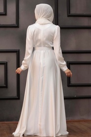 Tesettürlü Abiye Elbiseler - Kemerli Ekru Tesettür Abiye Elbise 28890E - Thumbnail
