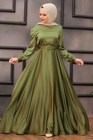 Tesettürlü Abiye Elbiseler - Kemerli Haki Tesettür Abiye Elbise 28890HK - Thumbnail