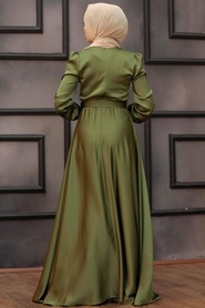 Tesettürlü Abiye Elbiseler - Kemerli Haki Tesettür Abiye Elbise 28890HK - Thumbnail