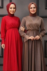 Tesettürlü Abiye Elbiseler - Kırmızı Tesettür Abiye Elbise 22202K - Thumbnail