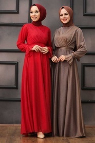 Tesettürlü Abiye Elbiseler - Kırmızı Tesettür Abiye Elbise 22202K - Thumbnail