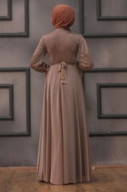 Tesettürlü Abiye Elbiseler - Koyu Vizon Tesettür Abiye Elbise 22202KV - Thumbnail