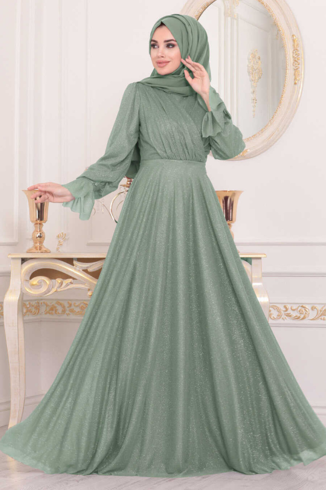 Tesettürlü Abiye Elbiseler - Mint Tesettür Abiye Elbise 22202MINT - 1