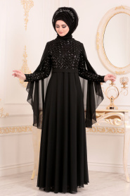 Tesettürlü Abiye Elbiseler - Pul Payetli Siyah Tesettür Abiye Elbise 3293S - Thumbnail