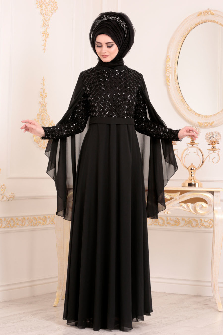 Tesettürlü Abiye Elbiseler - Pul Payetli Siyah Tesettür Abiye Elbise 3293S