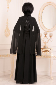 Tesettürlü Abiye Elbiseler - Pul Payetli Siyah Tesettür Abiye Elbise 3293S - Thumbnail