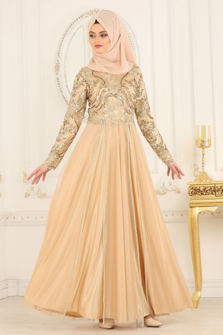 Tesettürlü Abiye Elbiseler - Pul Payet Detaylı Gold Tesettür Abiye Elbise 3114GOLD