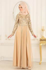 Tesettürlü Abiye Elbiseler - Pul Payet Detaylı Gold Tesettür Abiye Elbise 3114GOLD - Thumbnail