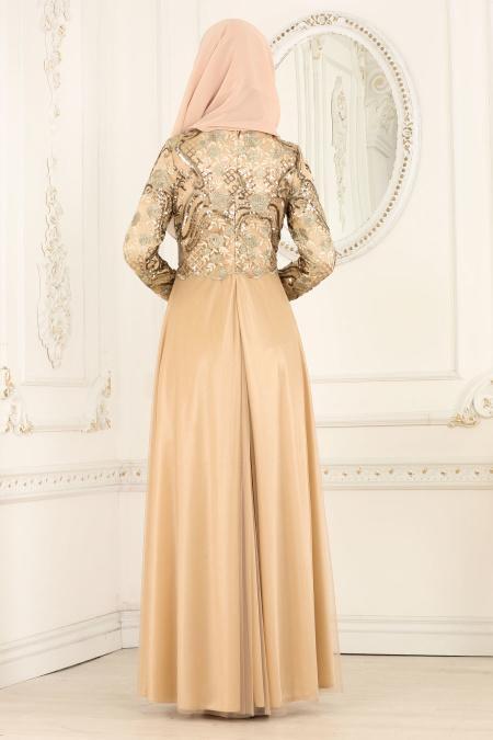Tesettürlü Abiye Elbiseler - Pul Payet Detaylı Gold Tesettür Abiye Elbise 3114GOLD - 3