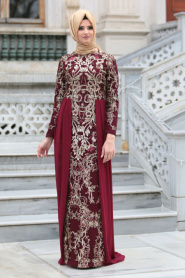 Tesettürlü Abiye Elbiseler - Pul Payet Nakışlı Bordo Tesettür Abiye Elbise 6320BR - Thumbnail