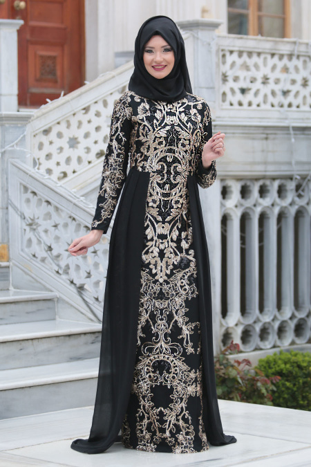 Tesettürlü Abiye Elbiseler - Pul Payet Nakışlı Siyah Tesettür Abiye Elbise 6320S