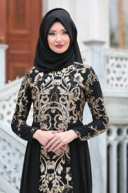 Tesettürlü Abiye Elbiseler - Pul Payet Nakışlı Siyah Tesettür Abiye Elbise 6320S - Thumbnail