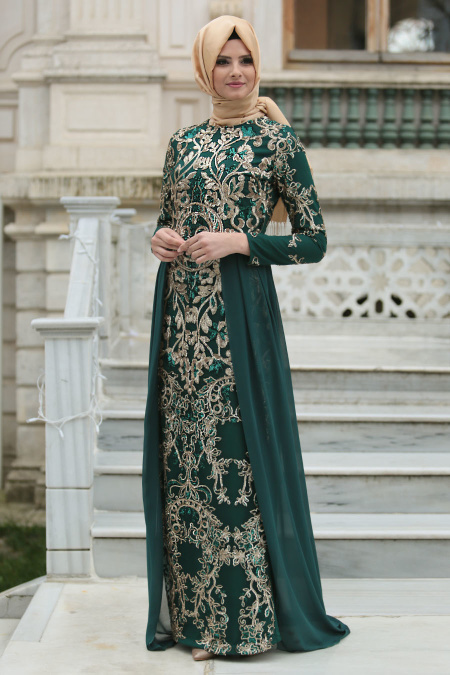 Tesettürlü Abiye Elbiseler - Pul Payet Nakışlı Yeşil Tesettür Abiye Elbise 6320Y