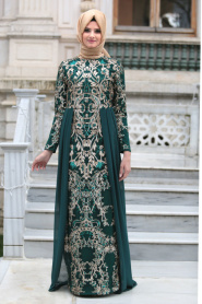 Tesettürlü Abiye Elbiseler - Pul Payet Nakışlı Yeşil Tesettür Abiye Elbise 6320Y - Thumbnail