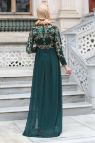 Tesettürlü Abiye Elbiseler - Pul Payet Nakışlı Yeşil Tesettür Abiye Elbise 6320Y - Thumbnail