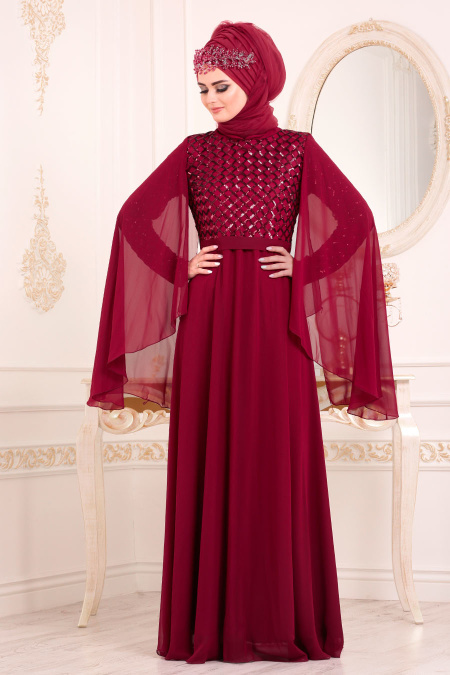 Tesettürlü Abiye Elbiseler - Pul Payetli Bordo Tesettür Abiye Elbise 3293BR