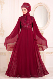 Tesettürlü Abiye Elbiseler - Pul Payetli Bordo Tesettür Abiye Elbise 3293BR - Thumbnail