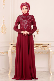 Tesettürlü Abiye Elbiseler - Pul Payetli Bordo Tesettür Abiye Elbise 8629BR - Thumbnail