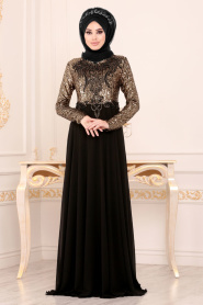 Tesettürlü Abiye Elbiseler - Pul Payetli Gold Tesettür Abiye Elbise 8629GOLD - Thumbnail