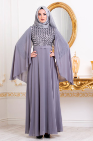 Tesettürlü Abiye Elbiseler - Pul Payetli Gri Tesettür Abiye Elbise 3293GR - Thumbnail