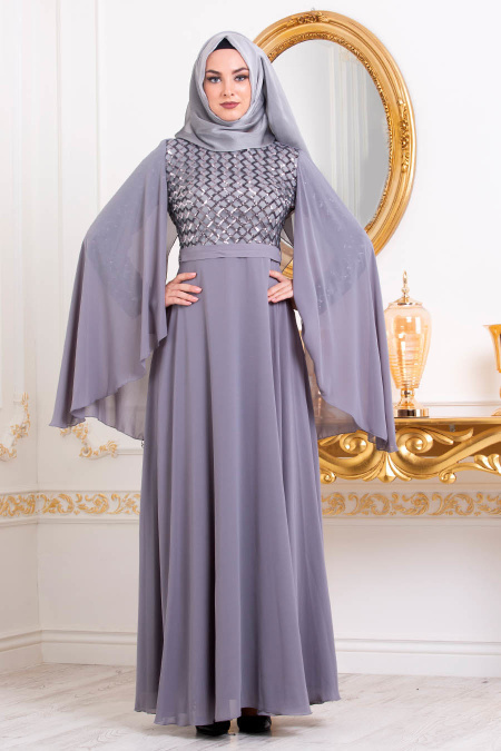 Tesettürlü Abiye Elbiseler - Pul Payetli Gri Tesettür Abiye Elbise 3293GR