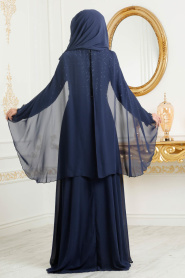 Tesettürlü Abiye Elbiseler - Pul Payetli Lacivert Tesettür Abiye Elbise 3293L - Thumbnail