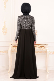 Tesettürlü Abiye Elbiseler - Pul Payetli Siyah Tesettür Abiye Elbise 8629S - Thumbnail