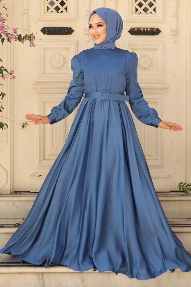 Tesettürlü Abiye Elbiseler - Robe de Soirée Hijab Bleu Indigo 28890IM - 1