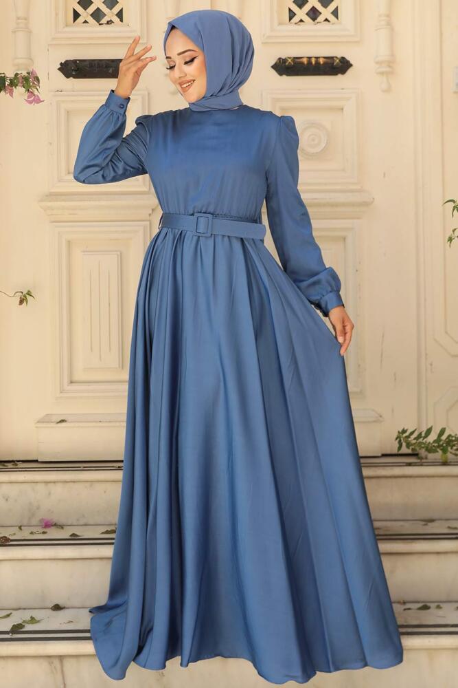 Tesettürlü Abiye Elbiseler - Robe de Soirée Hijab Bleu Indigo 28890IM - 2