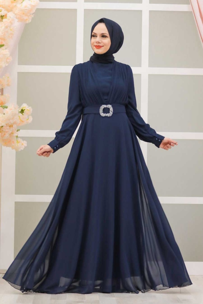 Tesettürlü Abiye Elbiseler - Robe de soirée Hijab bleu marine avec ceinture à boucle 27690L - 1